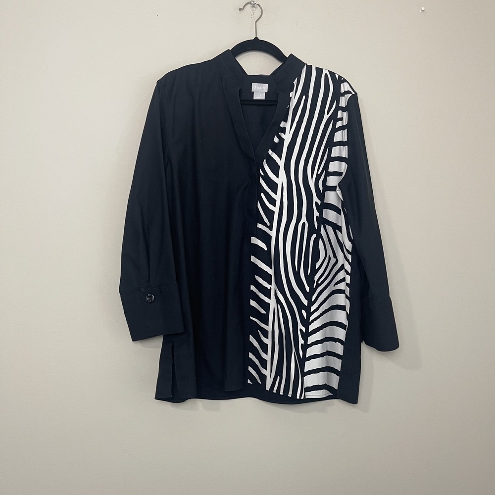 Chico's Black White Zebra Print Tunic Top Abstract Animal Print Artsy Statement